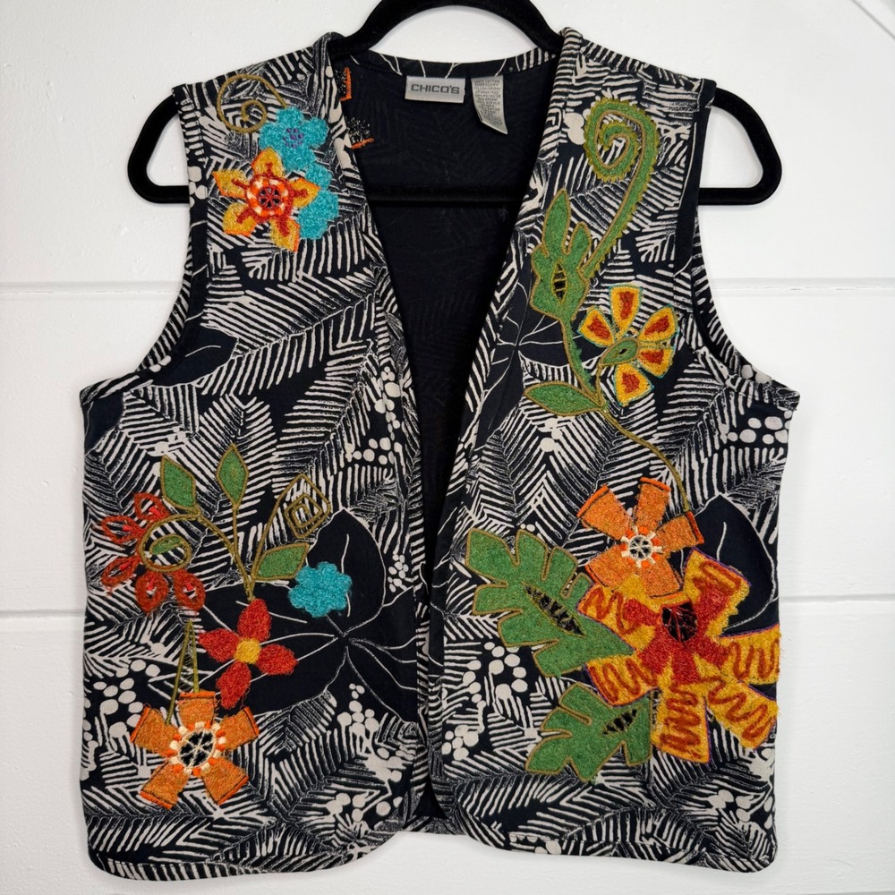 Chicos 1 Black White Tropical Palm Vest Embroidered Floral Open Front‎ M vest
